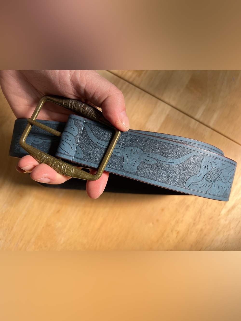 Vintage Denim Ariat Embossed Leather Western Belt with Longhorn & Floral Pattern